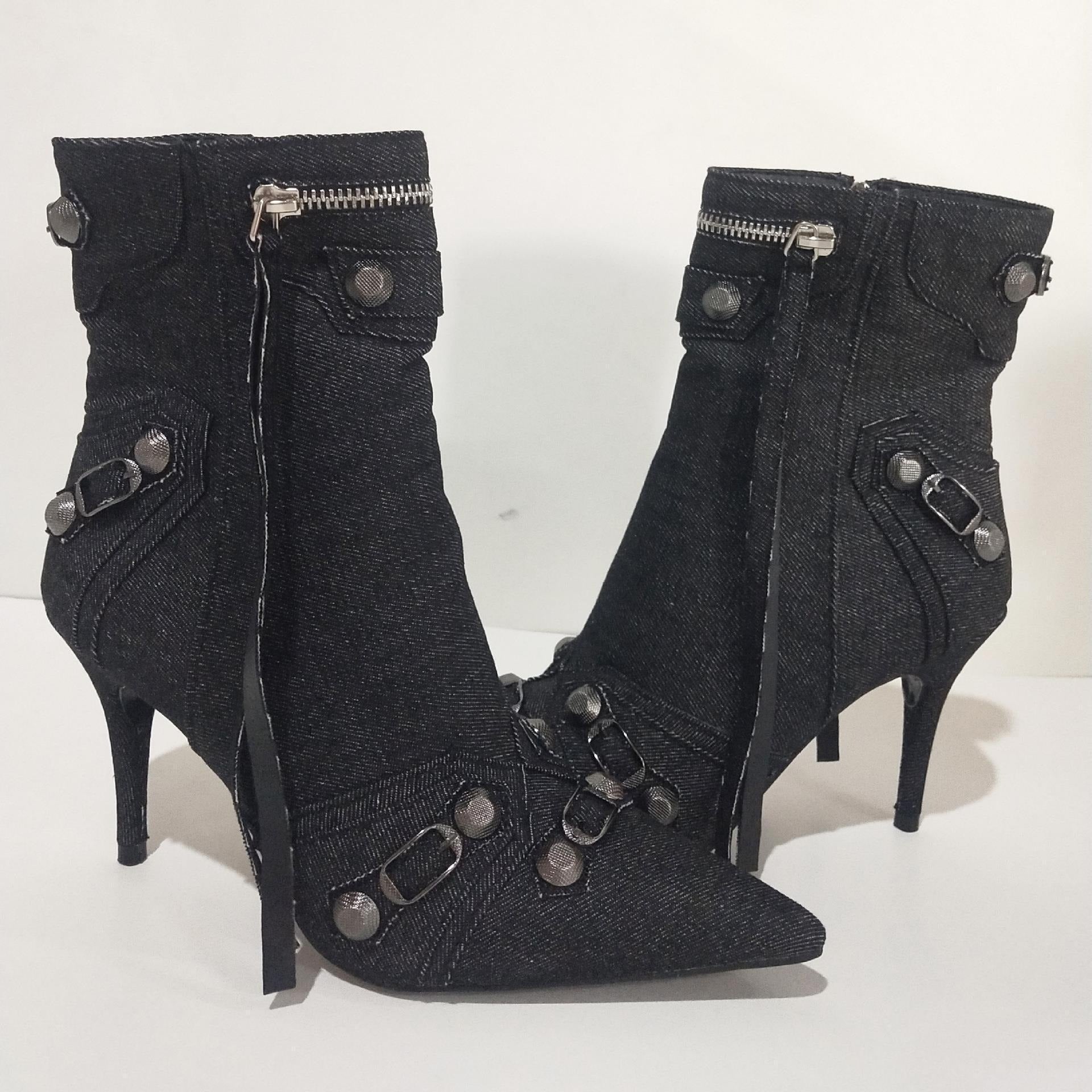 Metal Rivet Blue Denim Short Boots Silver Microfiber Leather Side Zipper Pin Buckle