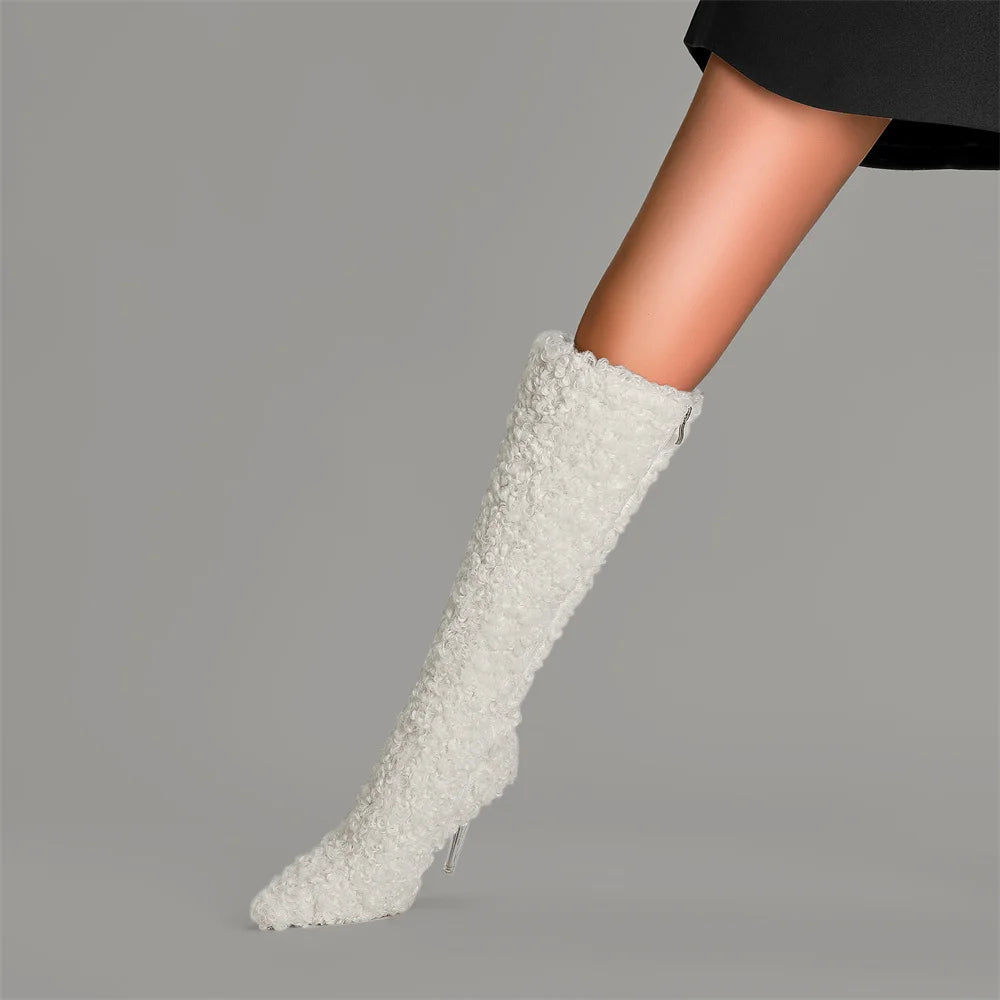 Fashion Women Imitation Wool Knee High Boots for Women's Pointed Toe Crystal Transparency Heels Shoes Sexy Lady Wedding Boots