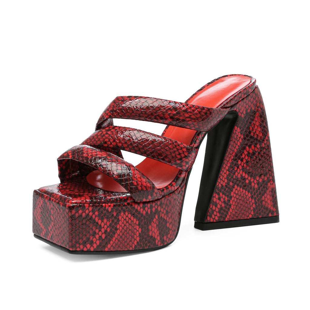 High-Heeled One-Word Slippers Women's Sandals Large Size Fashion Square Head Thick Heel Snake Pattern Large Size 34-42 Summer Sandals