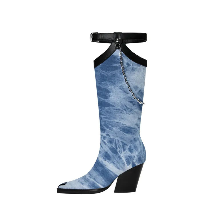 Women's New Fashion Pointed Thick High Heel Chain Buckle Sleeve Knee Length Boots European and American Banquet Shoes