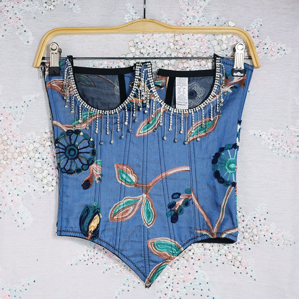 Atoshare Vintage Punk Rhinestone Corset Top Flowers Bandage Backless Diamond Chain for Women Rave Clothing