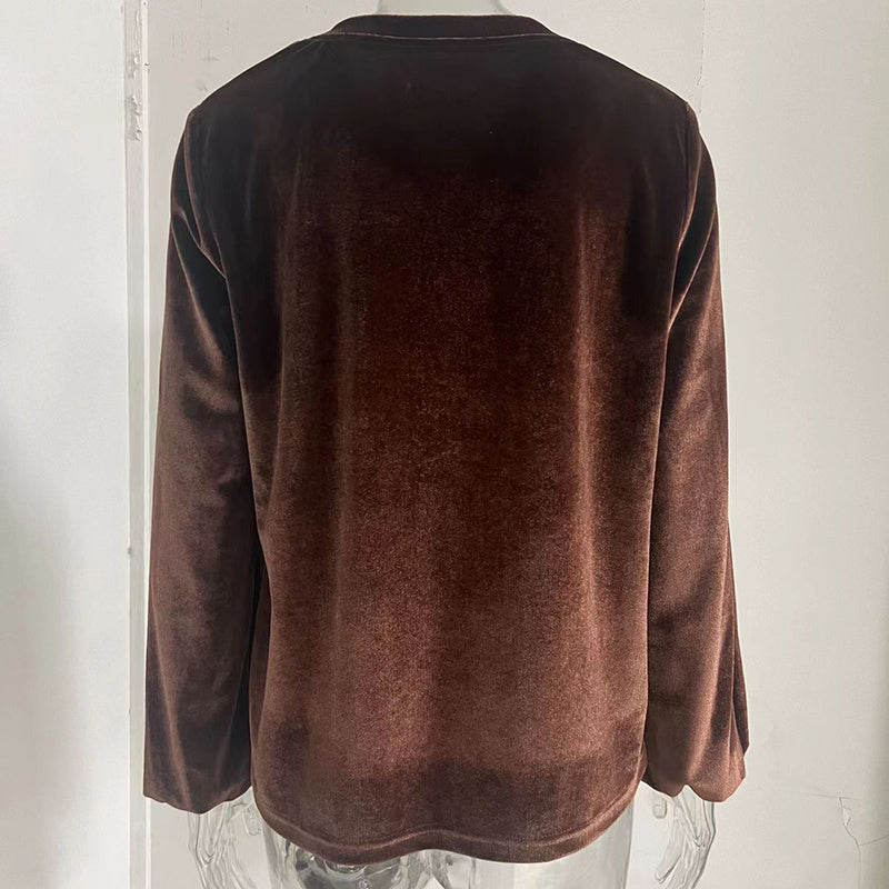 Women's Solid Color V-Neck Button Detail Long Sleeve Pullover