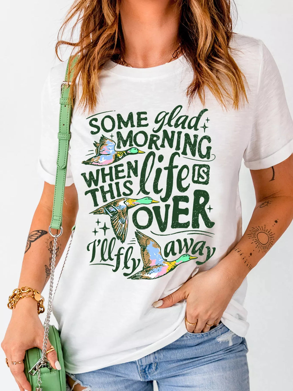 Full Size Slogan Western Flying Mallard Print Relaxed T Shirt Plus Size