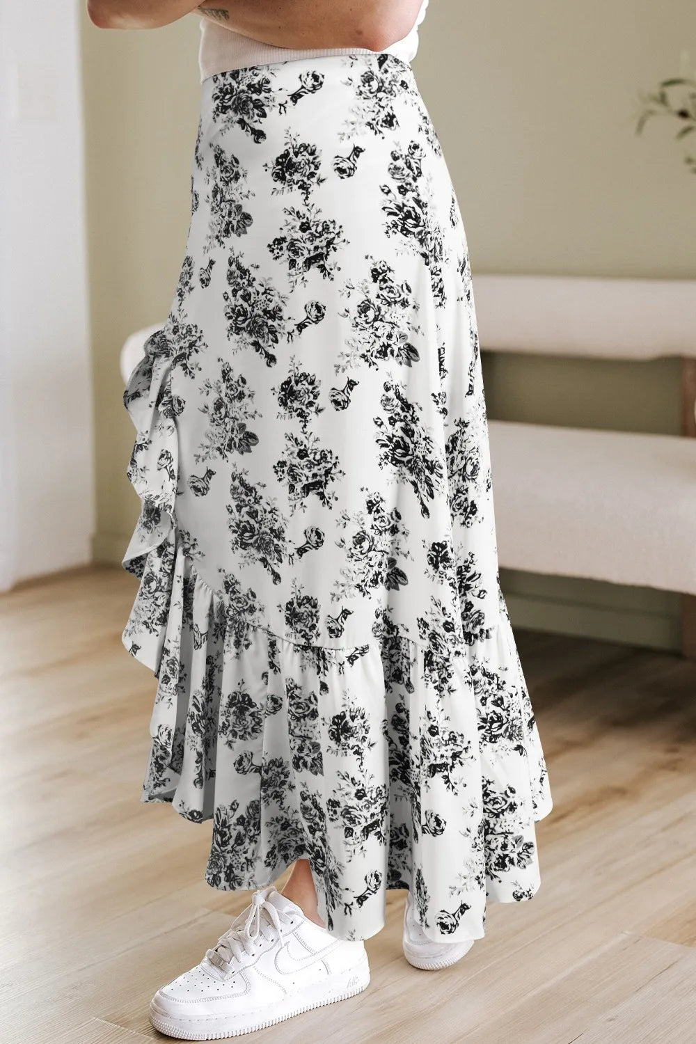 Boho Floral High Waist Ruffle Split Maxi Skirt