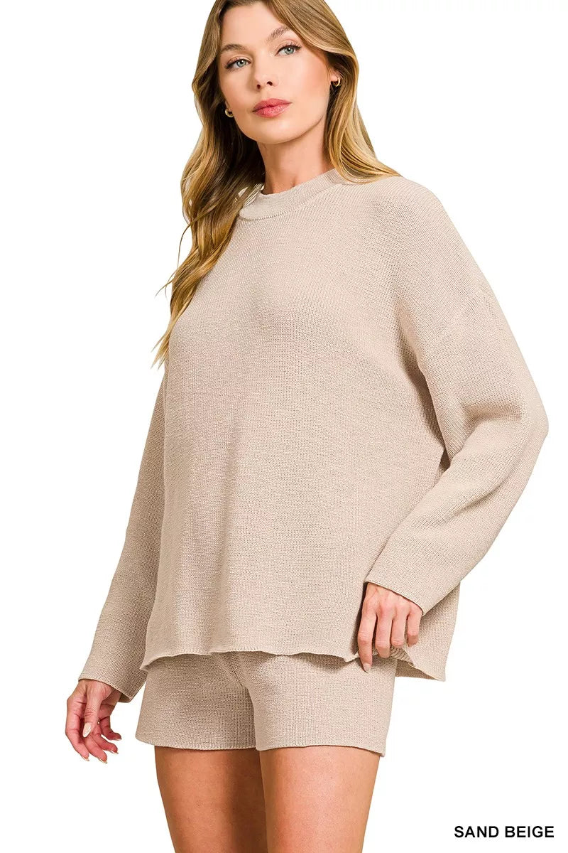 Zenana Round Neck Knit Top and Shorts Sweater Set