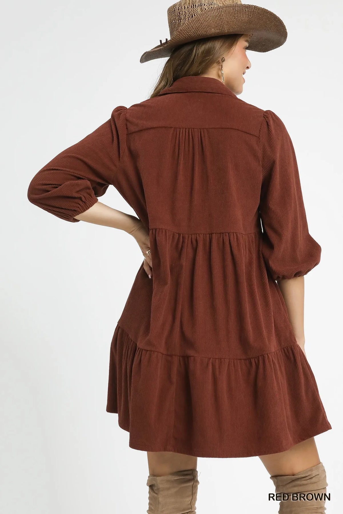 Umgee Tiered Corduroy Mini Dress with Balloon Sleeves