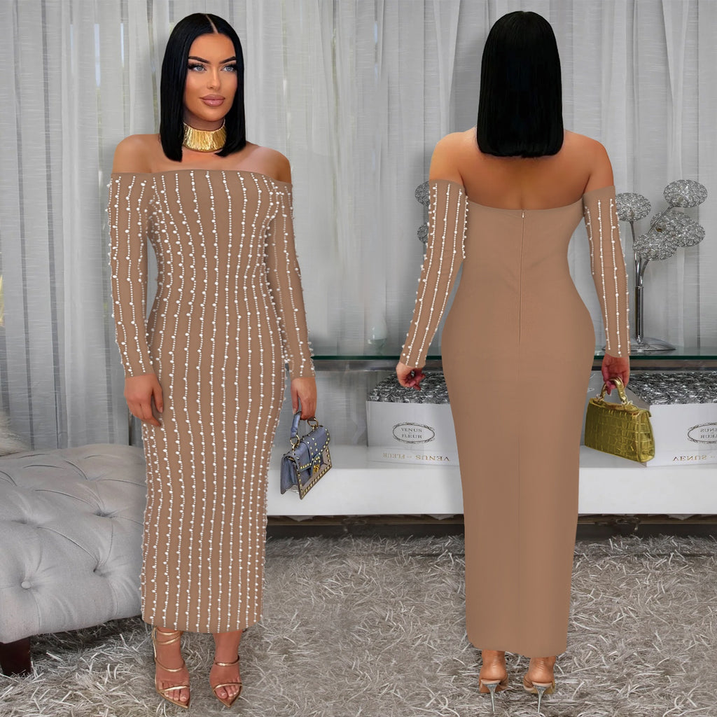 Elegant Long Sleeve Off-the-Shoulder Sequined Cap-Sleeve Dress