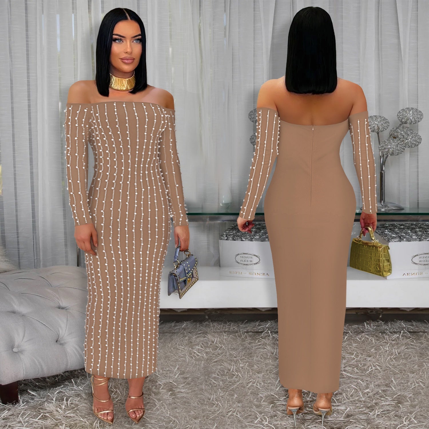 Elegant Long Sleeve Off-the-Shoulder Sequined Cap-Sleeve Dress