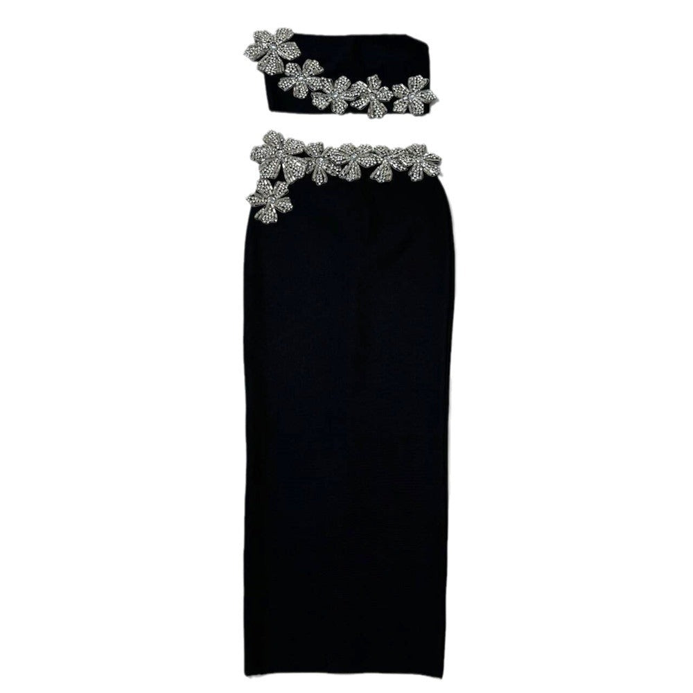 Sexy Strapless Flower Diamonds Crystal Crop Top & Long Skirt Set Women Bandage Two-Piece Set Vestido Elegant Evening Party Gowns