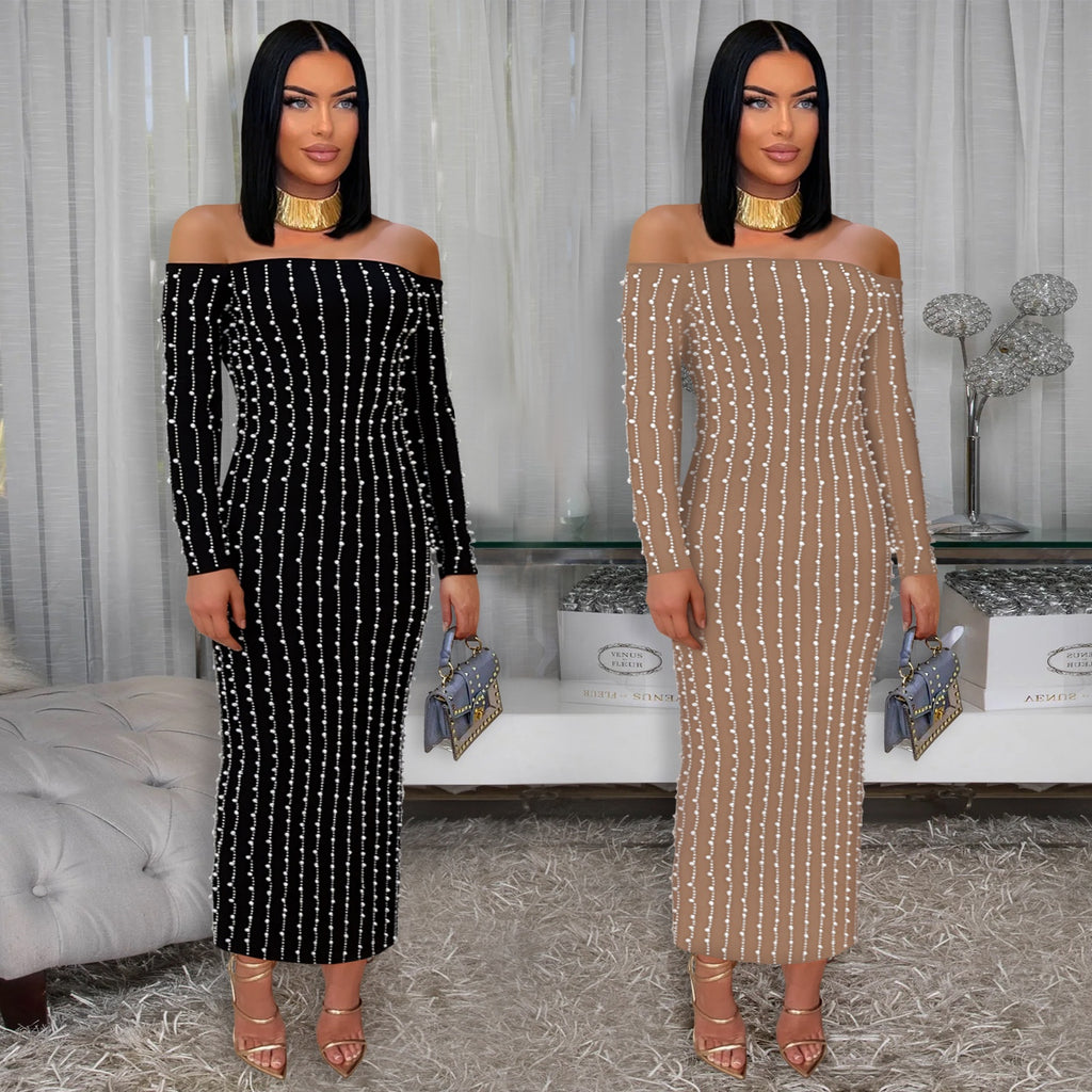 Elegant Long Sleeve Off-the-Shoulder Sequined Cap-Sleeve Dress