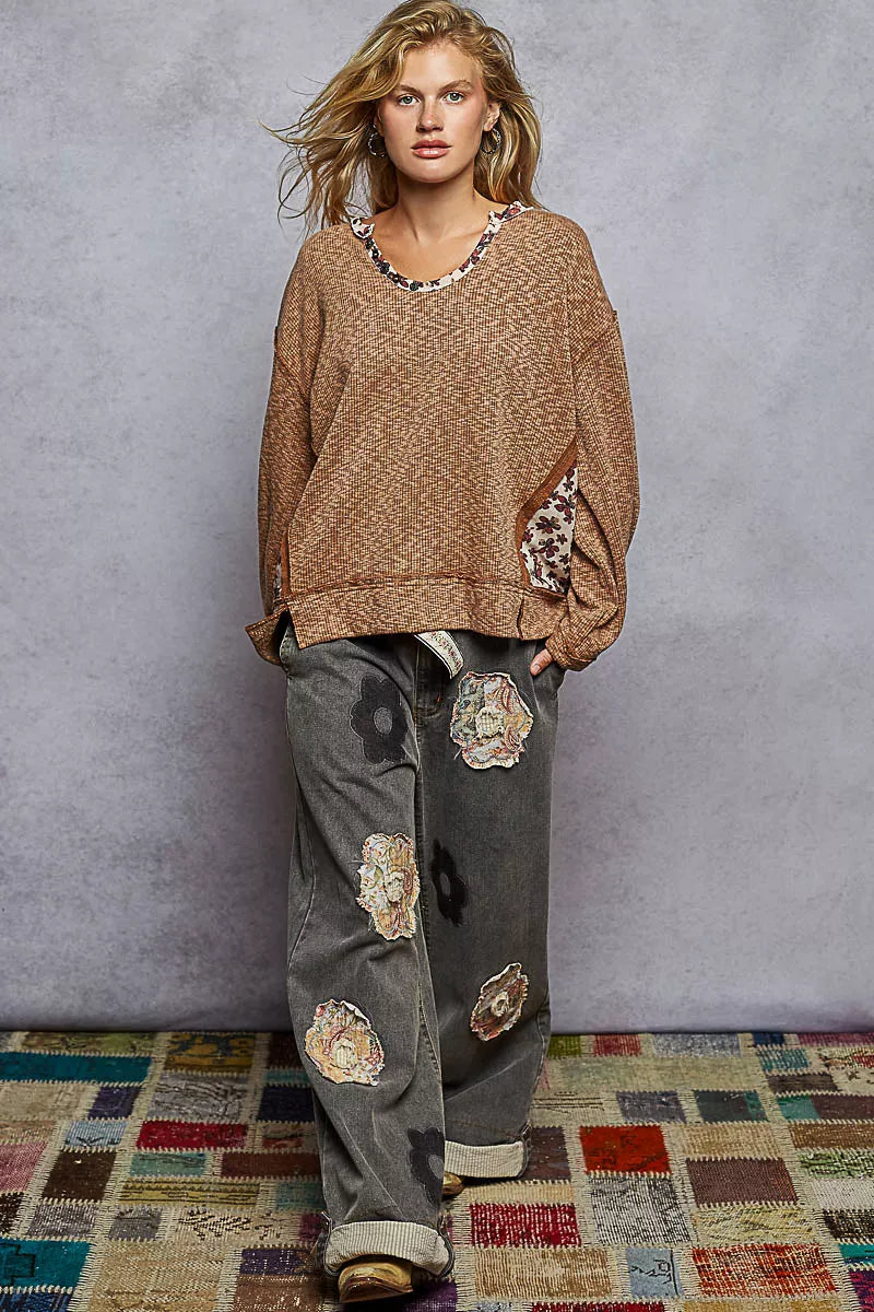POL Balloon Sleeve Oversized Ribbed Top with Floral Pattern Contrast