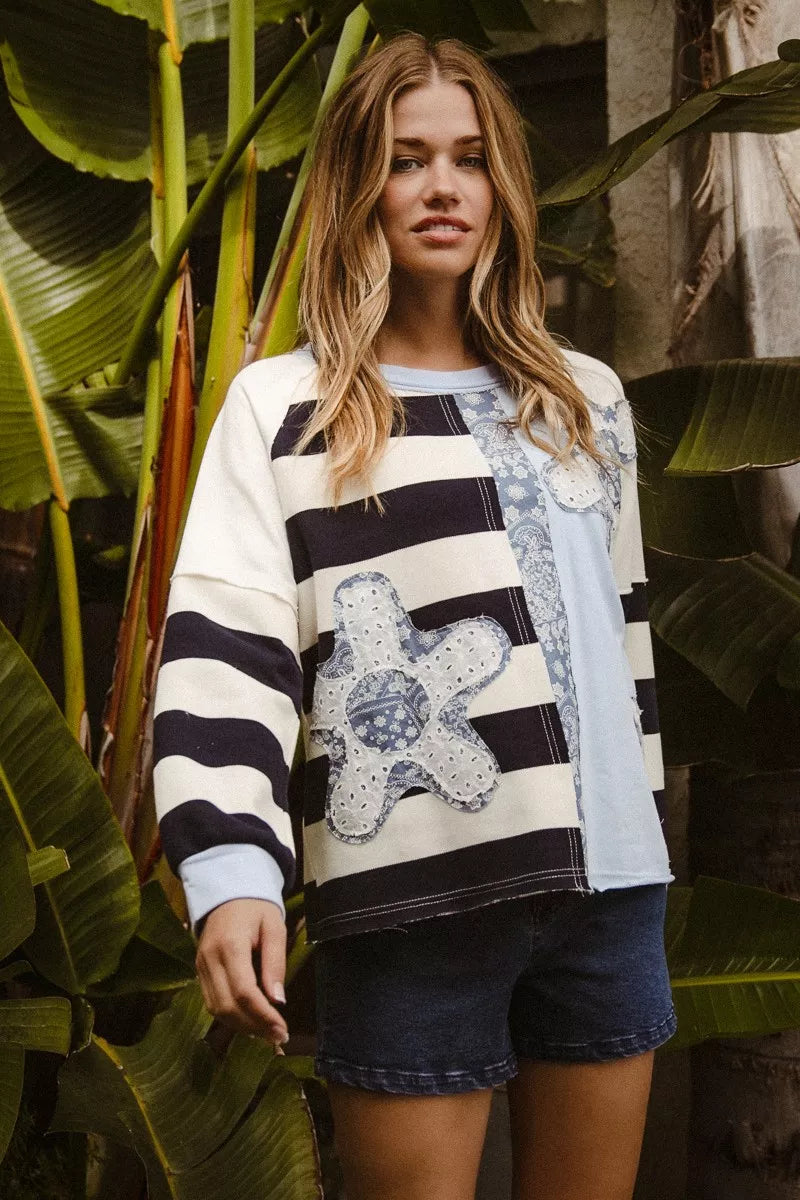 BiBi Patchwork Striped Round Neck Sweatshirt