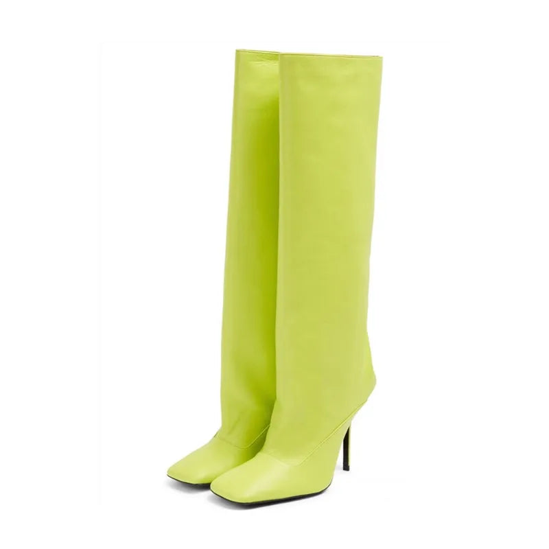 Silver Gold Fine Heel Square Head Knee Length Boots  Winter New Versatile Slim Sleeve Long Boots Large 43 Women's Shoes