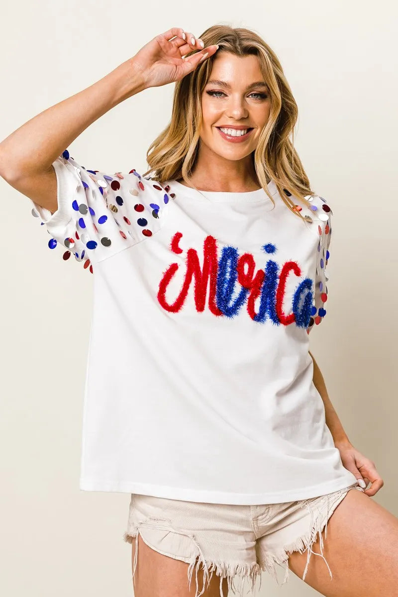 BiBi Metallic Letter Spangle Raglan Puff Sleeve Top