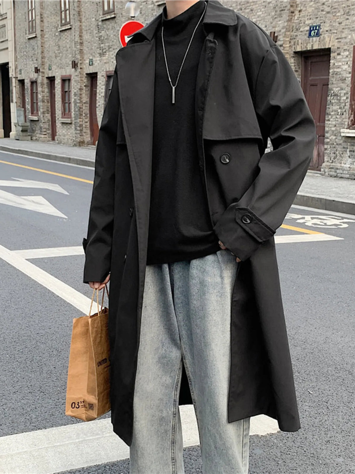 Men's Collared Neck Long Sleeve Double-Breasted Trench Coat