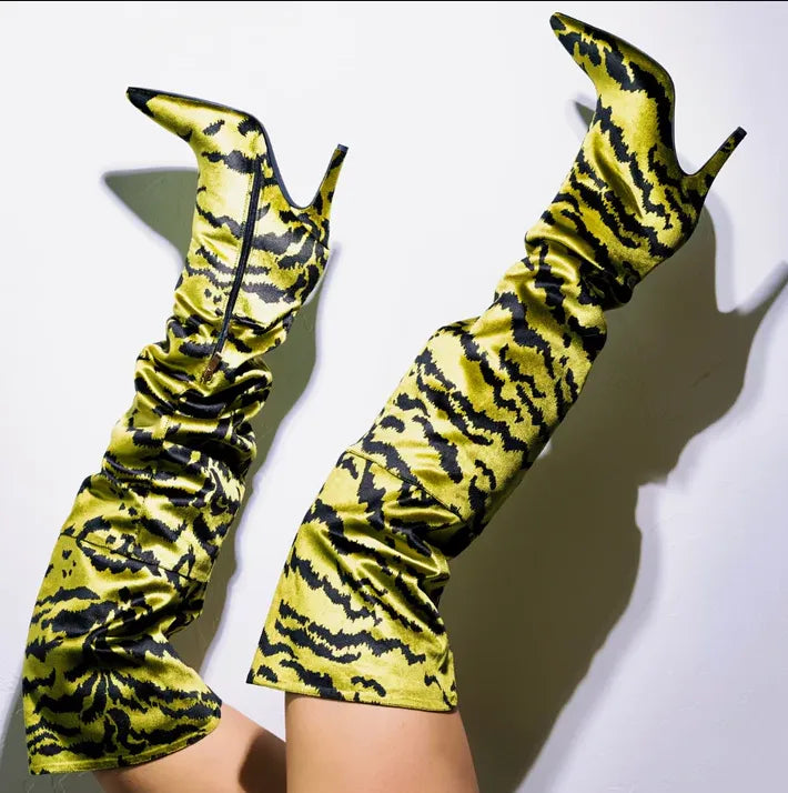 Tiger Print Sexy Thigh High Boots Pointed Toe Stiletto Heels Side Zip Over The Knee Booties Loose All Seasons Casual Women Sexy