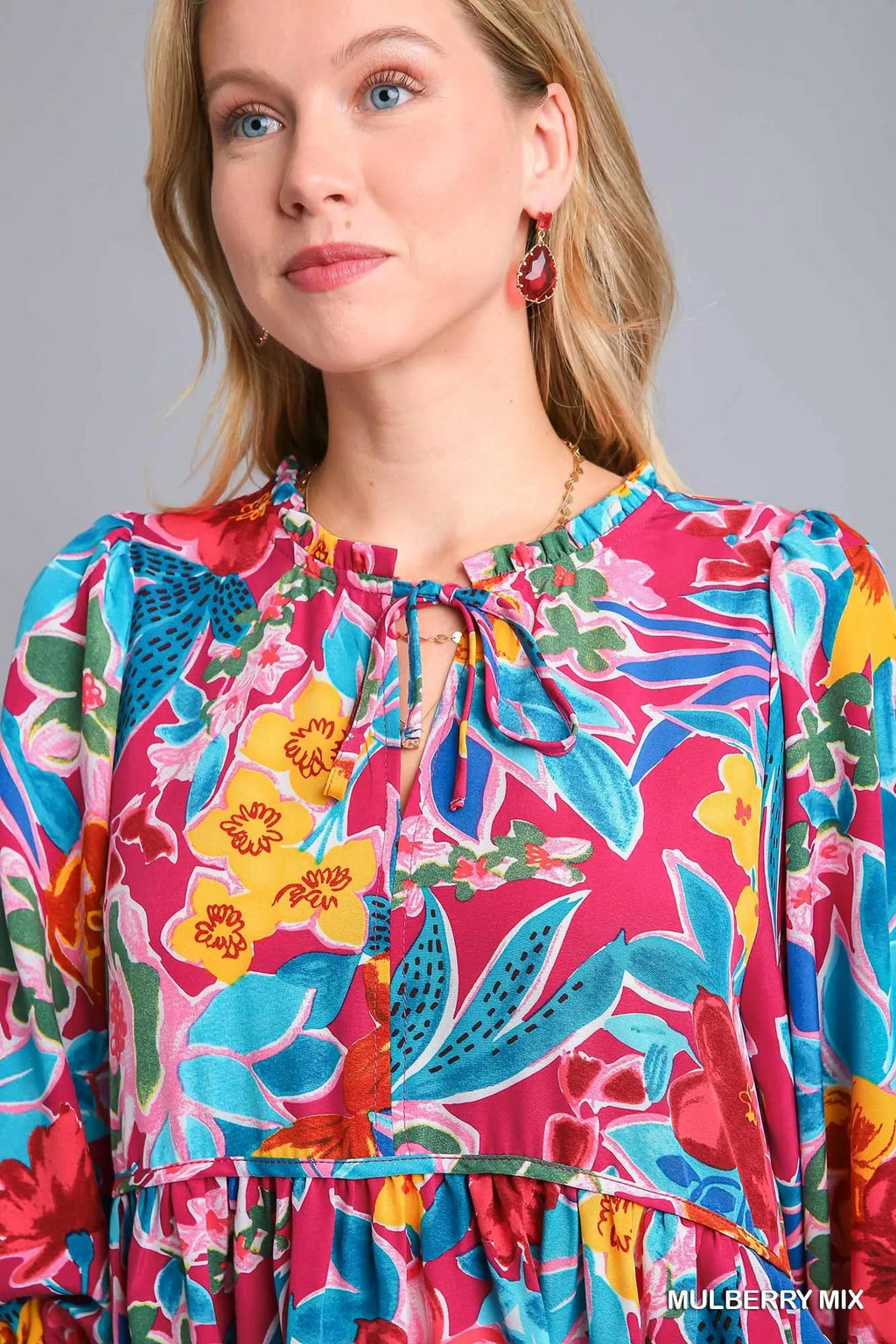 Umgee Full Size Floral Print Tie Neck Midi Dress with Pockets Plus Size