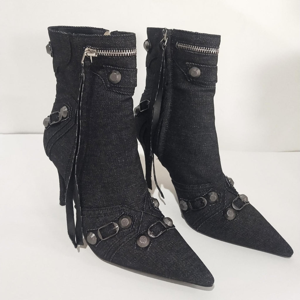 Metal Rivet Blue Denim Short Boots Silver Microfiber Leather Side Zipper Pin Buckle