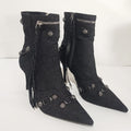 Metal Rivet Blue Denim Short Boots Silver Microfiber Leather Side Zipper Pin Buckle