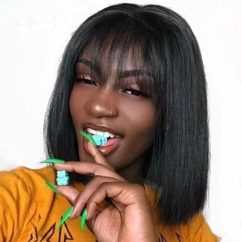 Junoda Hair Straight Short Bob Wig With Bangs Brazilian Remy Human Hair