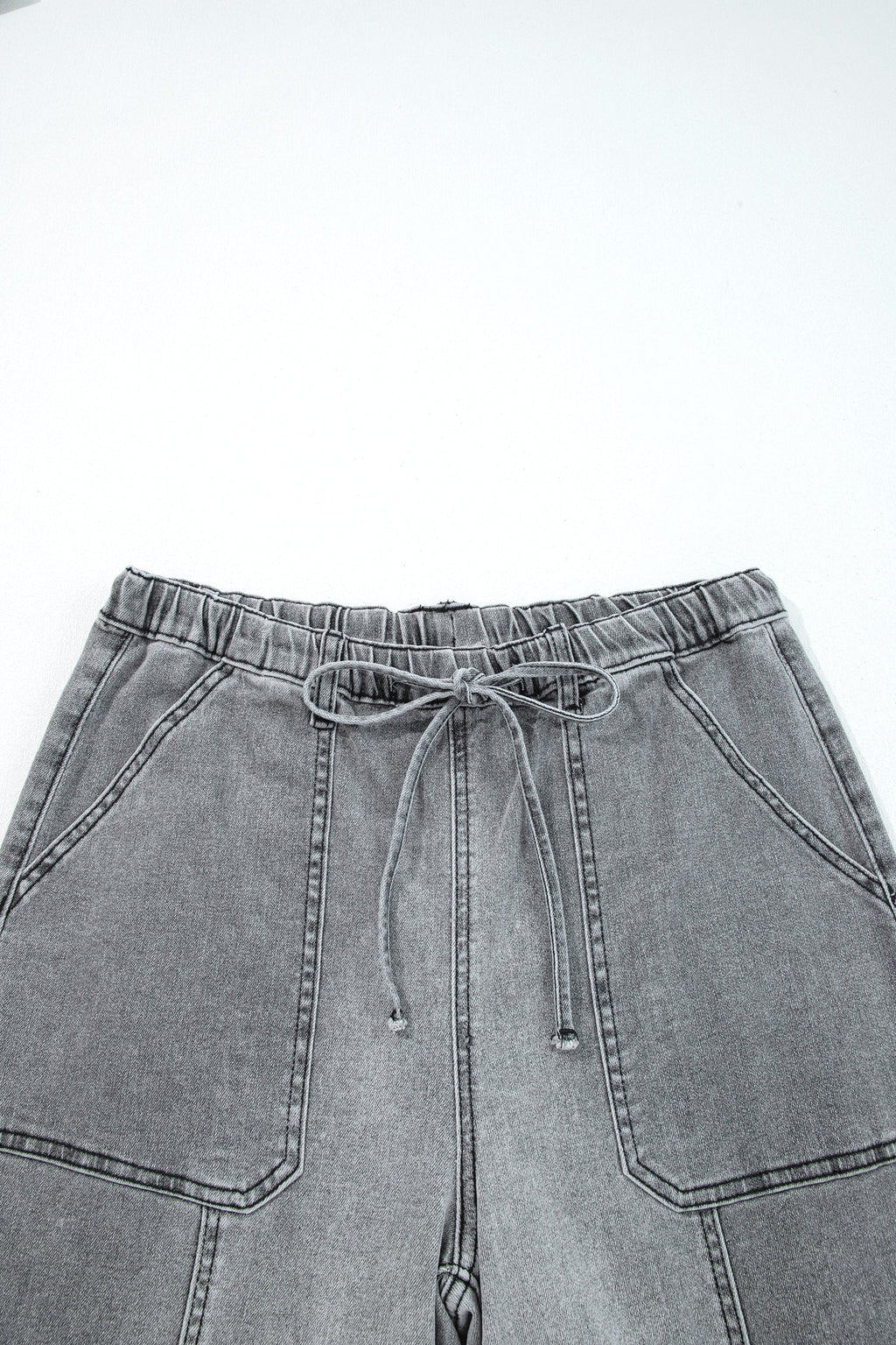 Denim Raw Hem Drawstring Wide Leg Pants-3