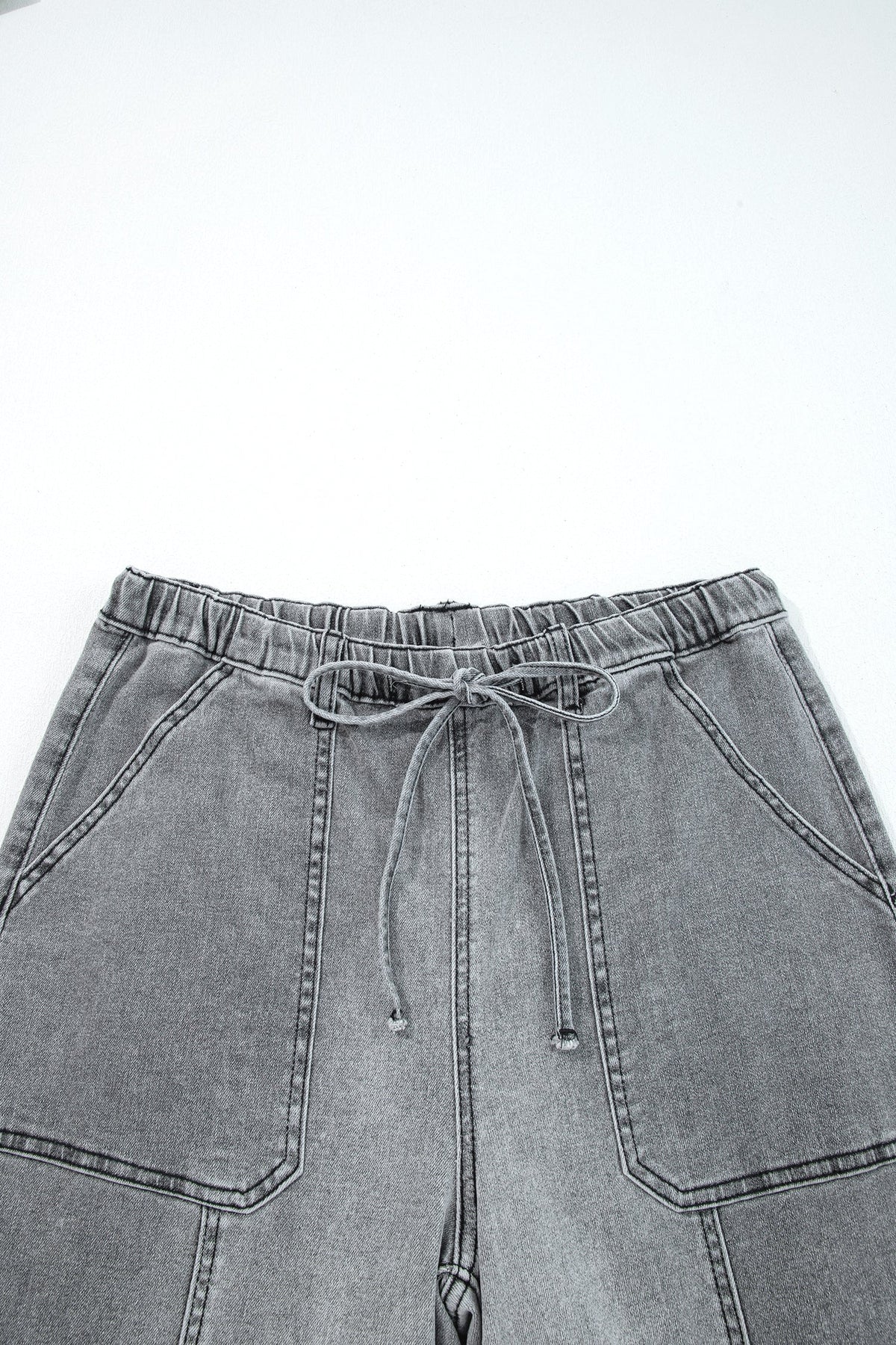 Denim Raw Hem Drawstring Wide Leg Pants-3