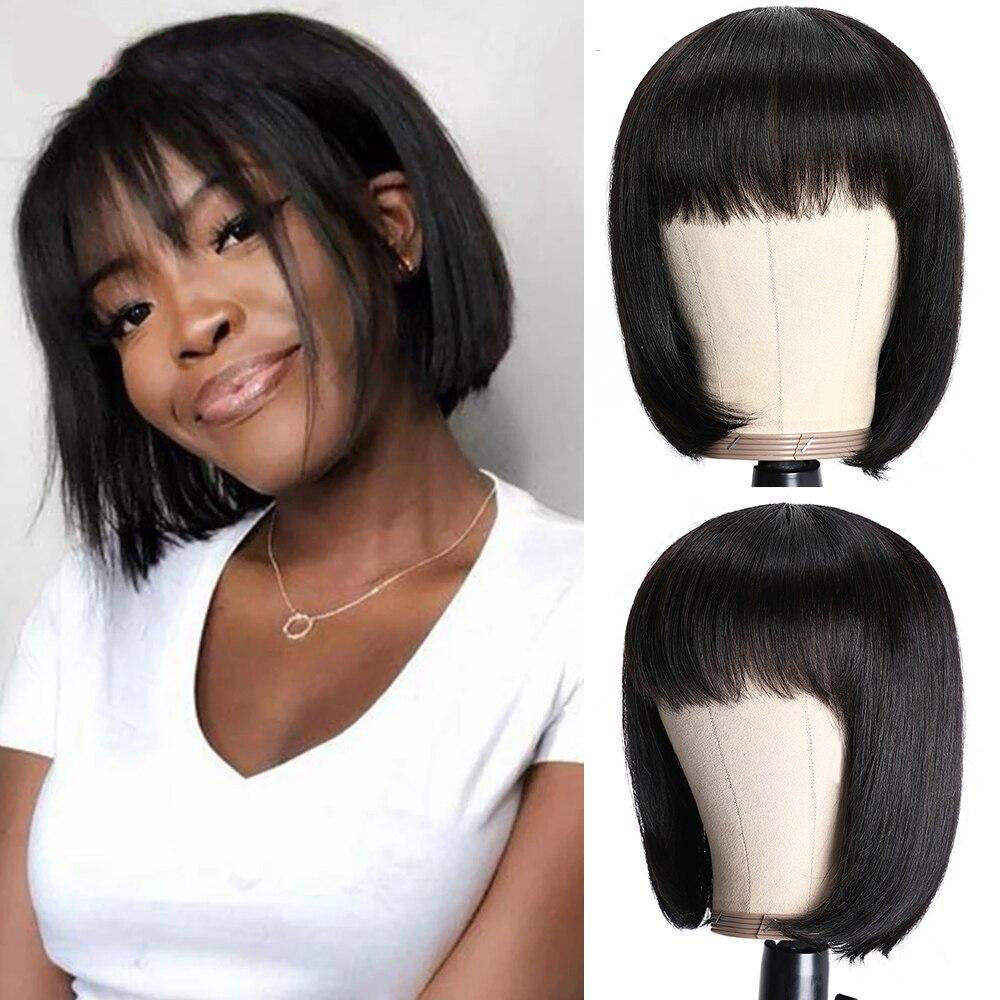 Junoda Hair Straight Short Bob Wig With Bangs Brazilian Remy Human Hair