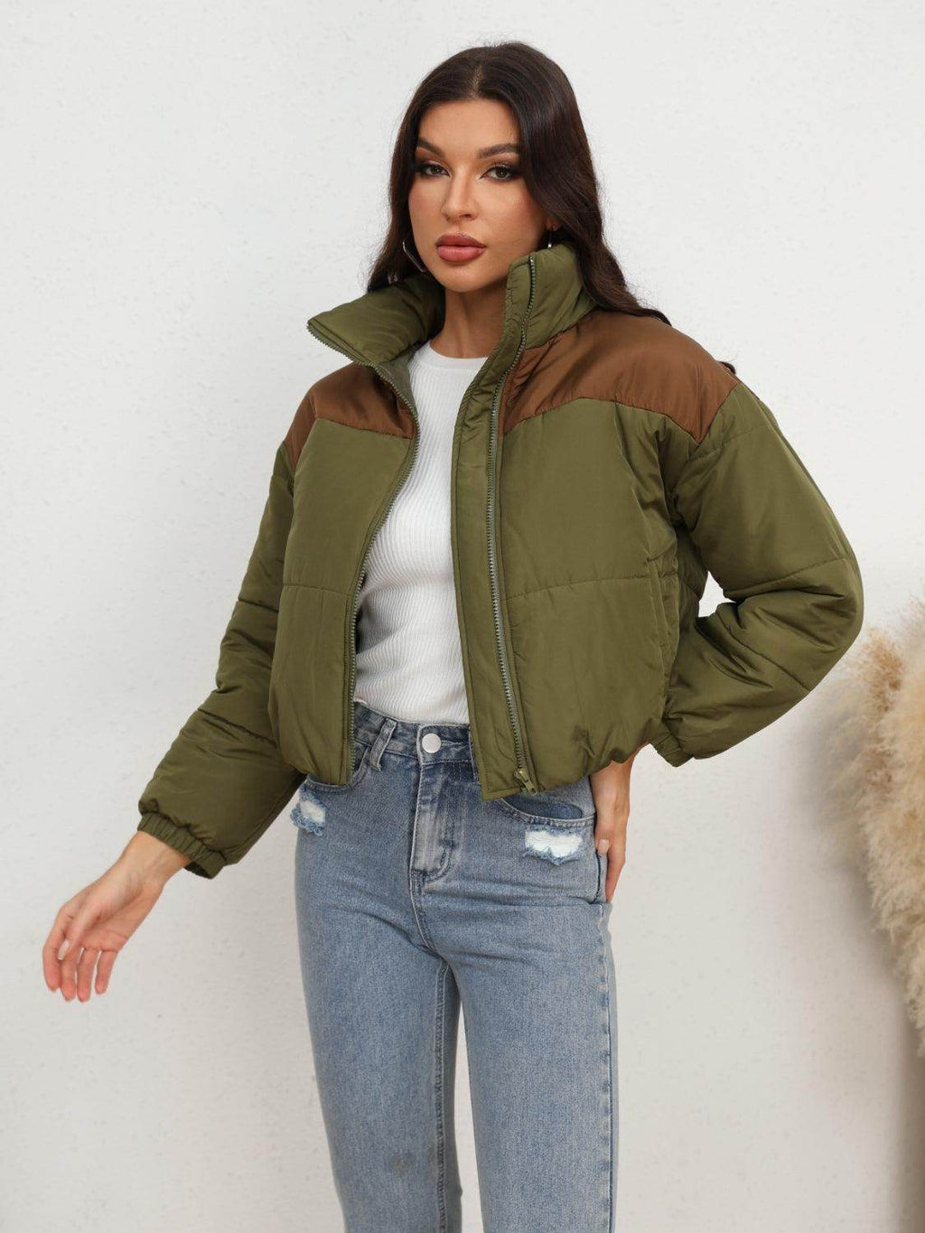 Two-Tone Zip-Up Puffer Jacket for Women Stylish Outerwear