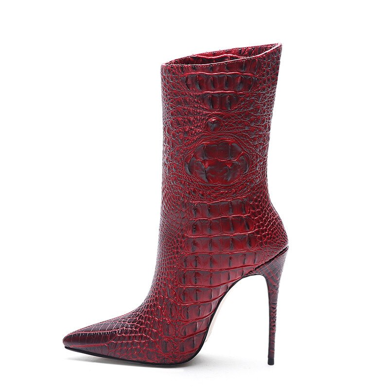 Crocodile High Heel Short Boots Large 34-45 Pointed Thin Heels and Ankle Boots Show Winter  Autumn Mid Tube Boots Women Shoes