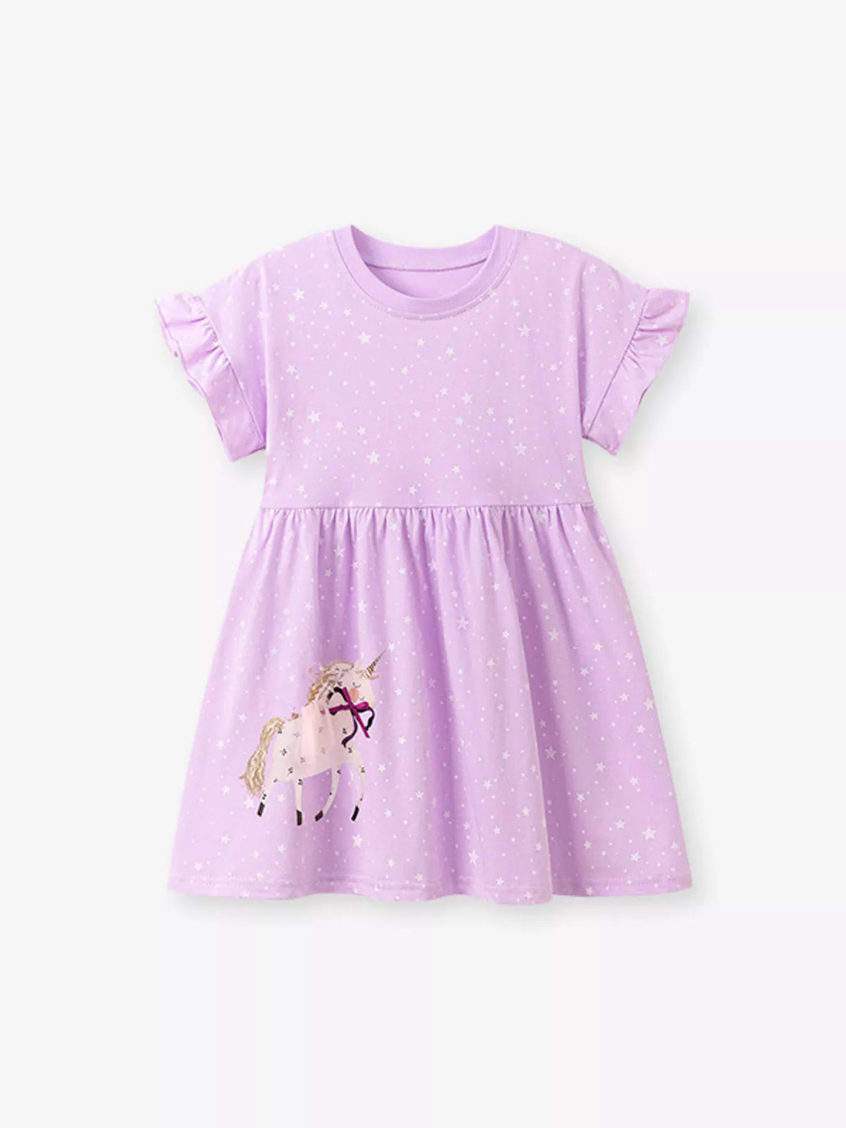 Children's Unicorn Star Print Ruffled Sleeve Dress
