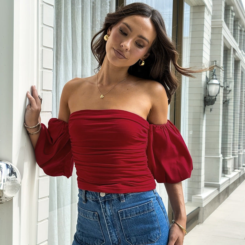 Cross-border Women's Summer New Pure Color Fitted Pleated Cap Sleeve Tube Top