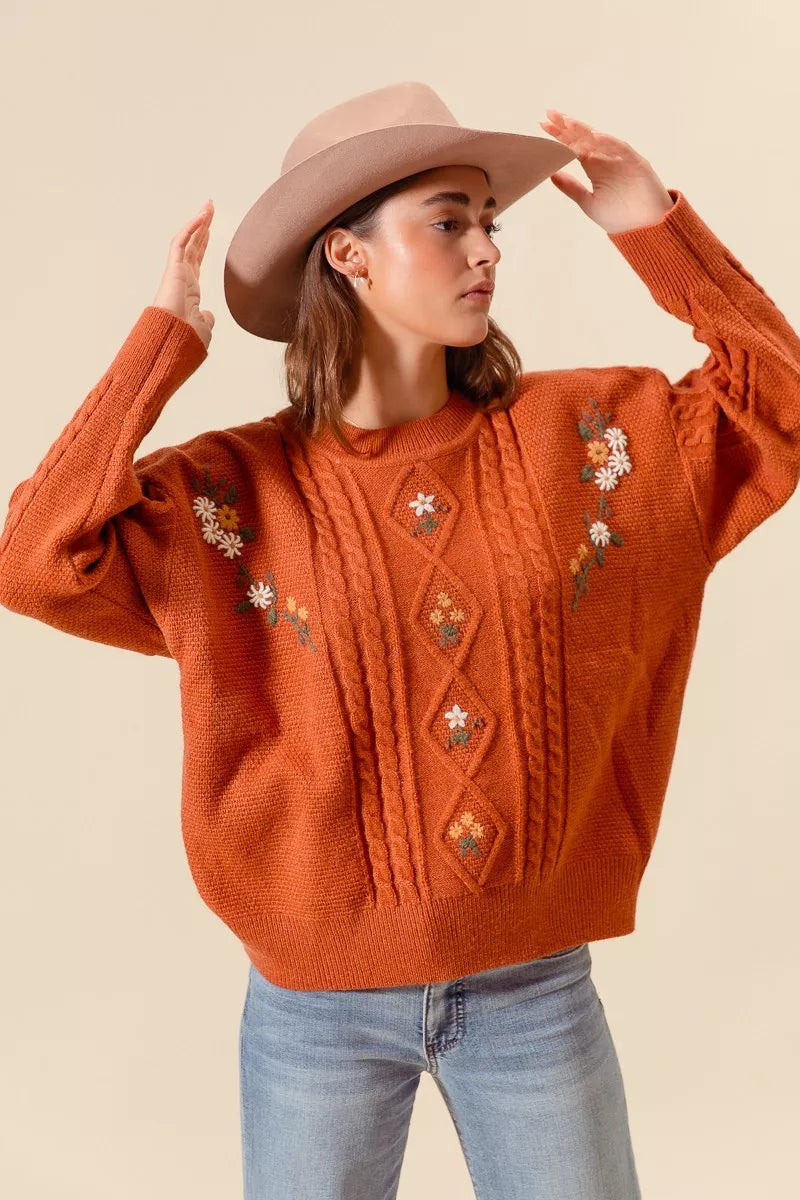 SO ME Embroidered Flower Cable Knitted Sweater