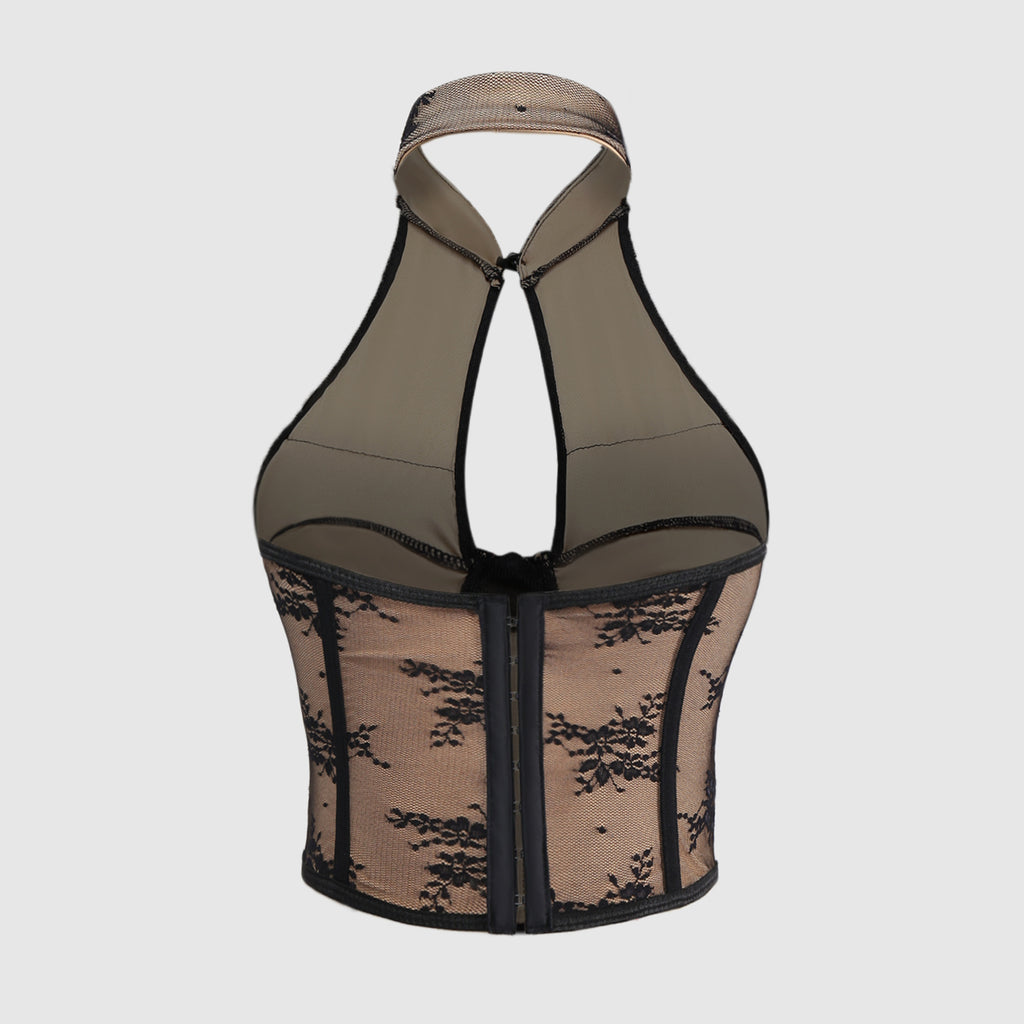 Sexy Lace Chinese Cheongsam Style Halter Button Fitted Corset Backless Hollow Out Crop Top