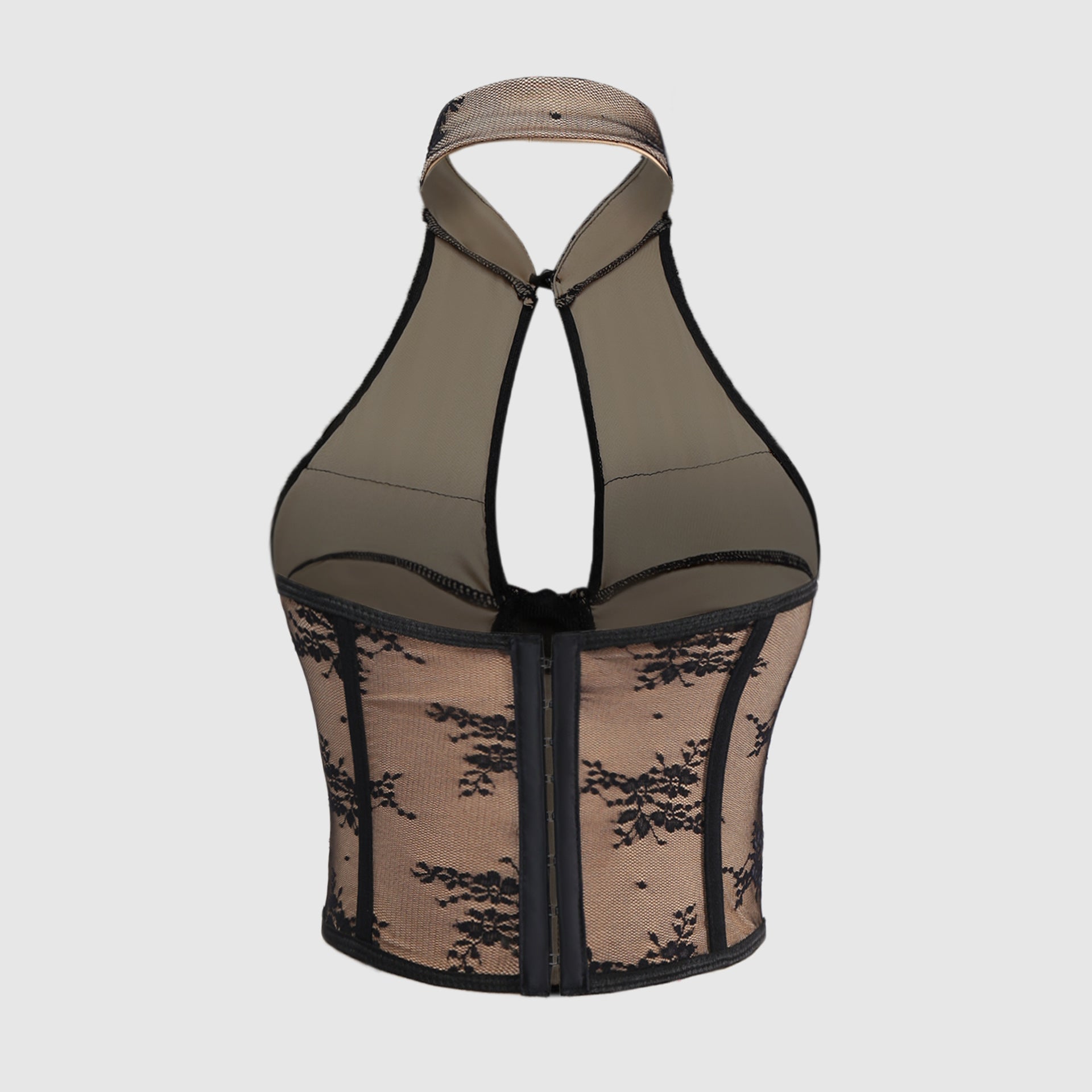 Sexy Lace Chinese Cheongsam Style Halter Button Fitted Corset Backless Hollow Out Crop Top
