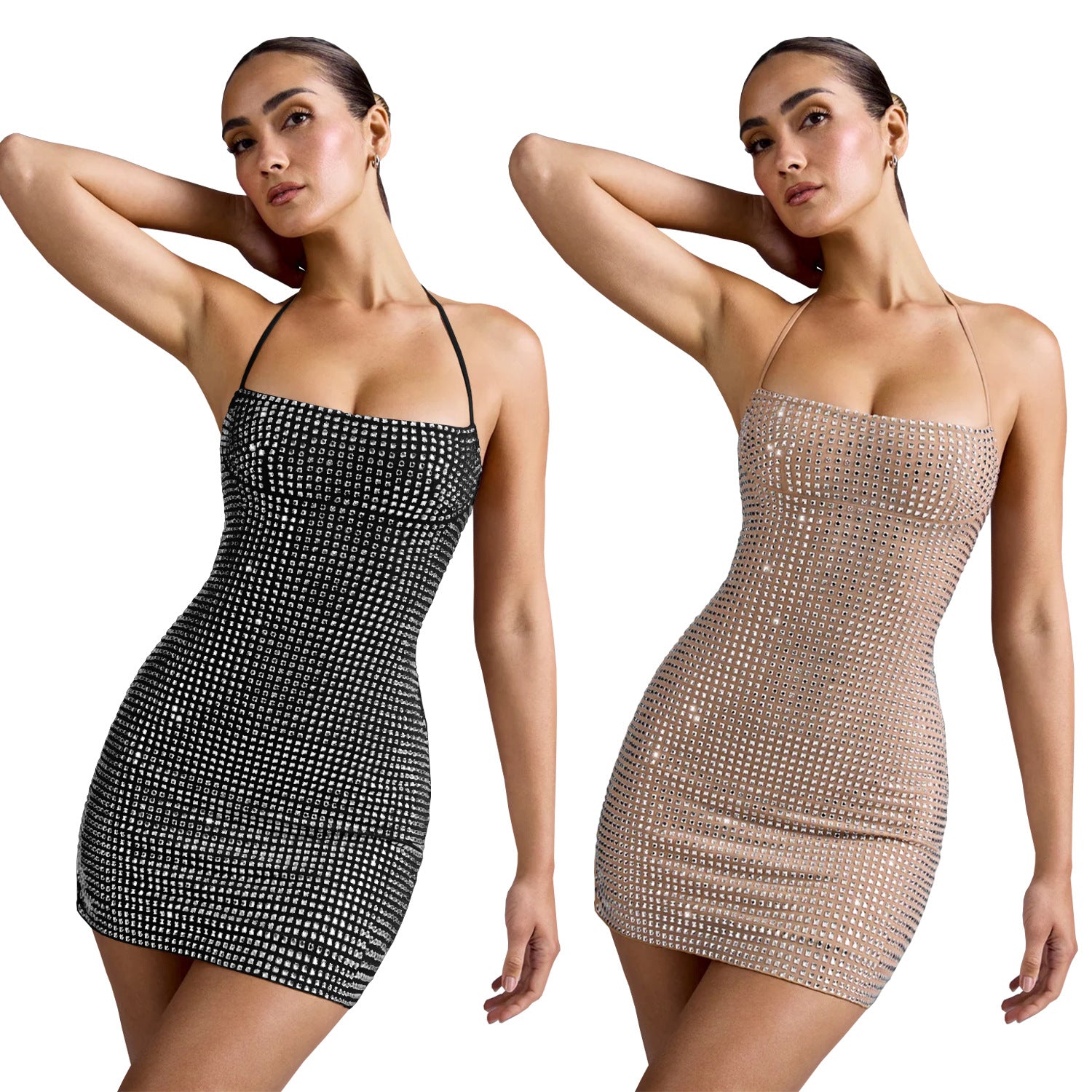 Women's Sexy Halter Neck Sequined Cap Sleeve Dress Short Skirt