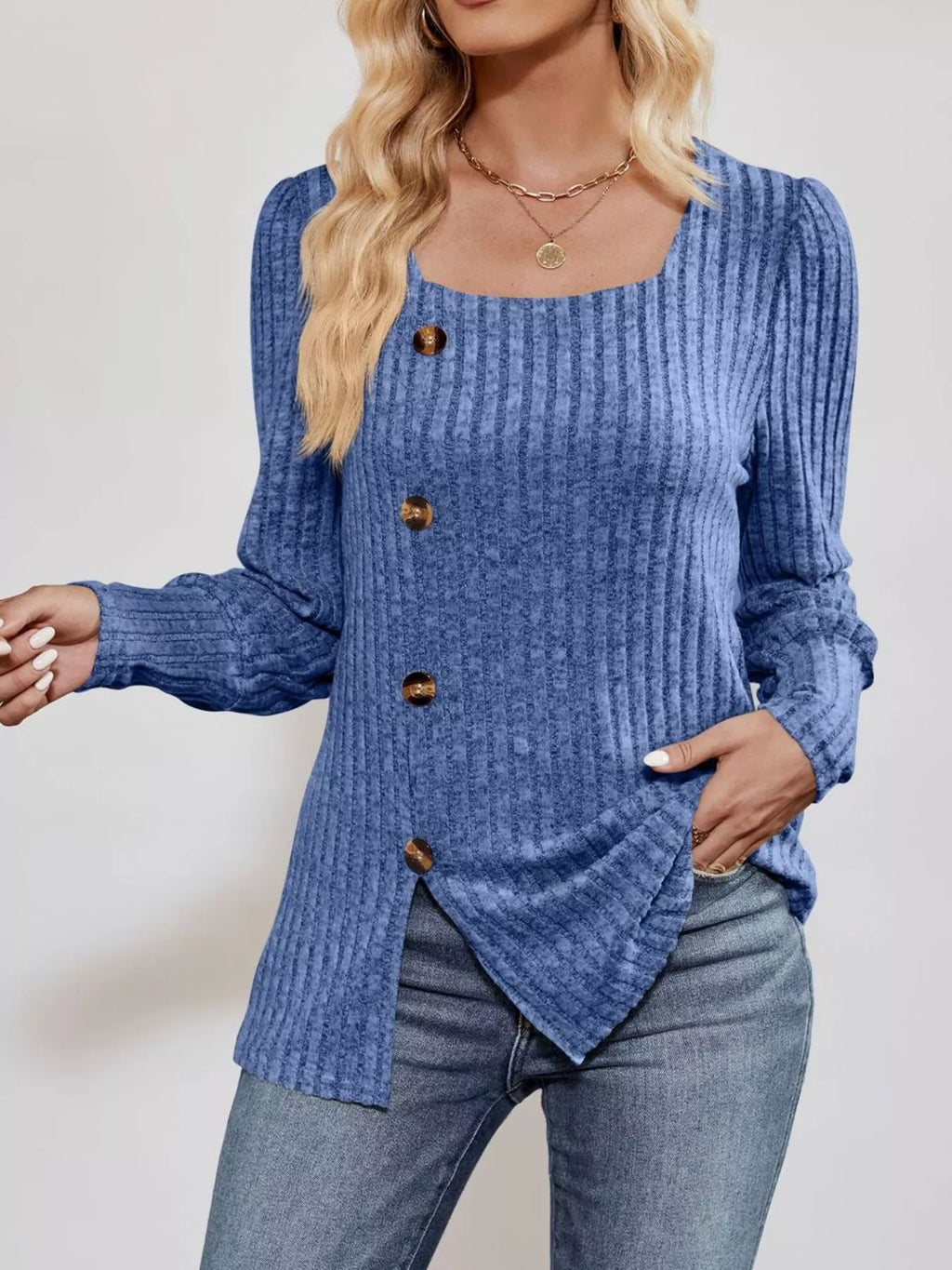 Ribbed Knit Slit Long Sleeve T-Shirt