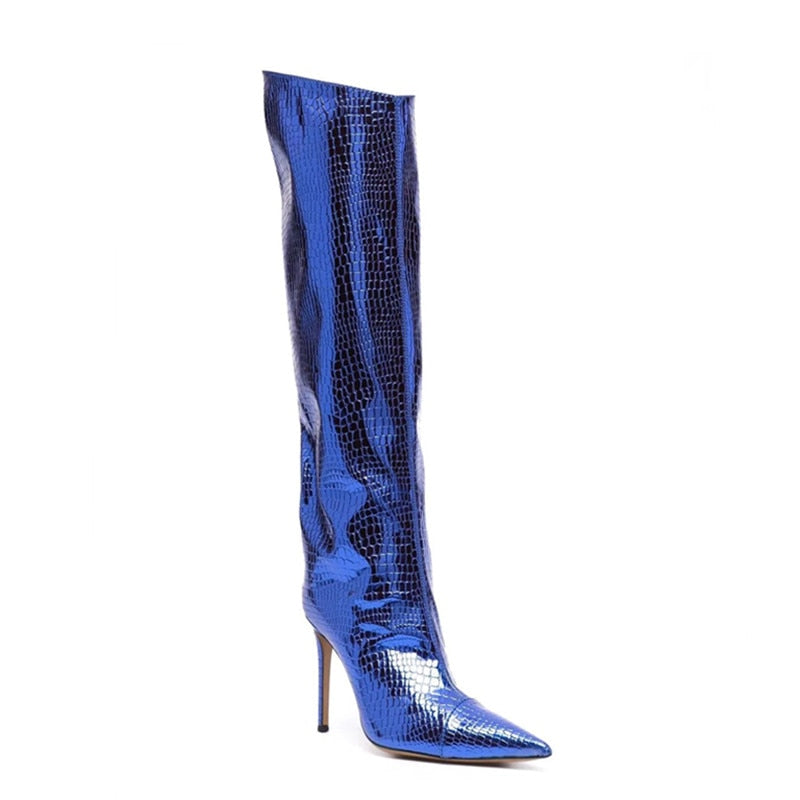 Women's New Stone Print Boots Sexy Runway Stiletto Pointed Toe High Boots 10cm High Heel Side Zipper Boots