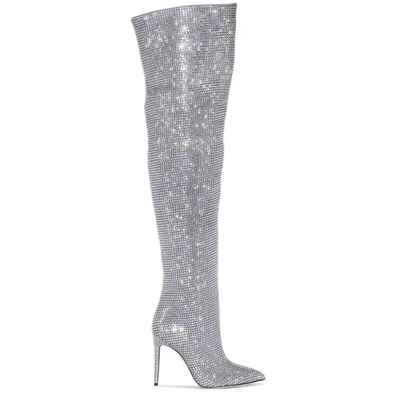 High Quality Crystal Women's Thigh High Boots Runway Stiletto Luxury Designer Shoes Rhinestone Pleated Boots Female Women Shoes