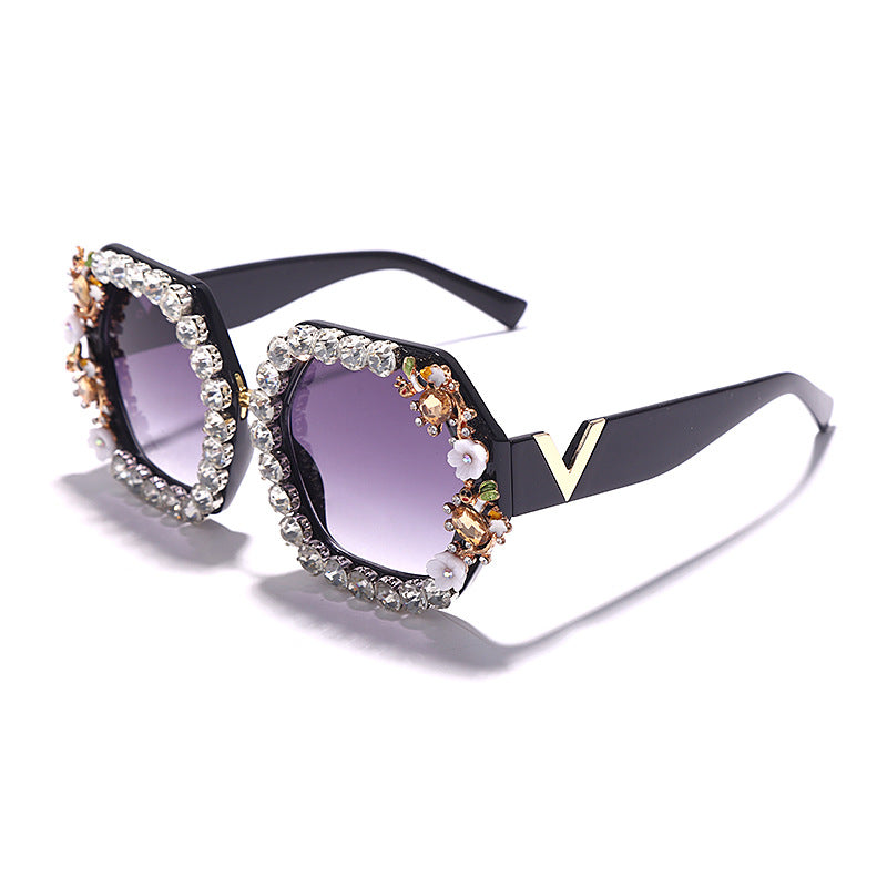 Hexagon Fashion Trend Personality Diamond Sunglasses Men Driving Big Face Round Face Cool Sunglasses Cross Border Sunglasses