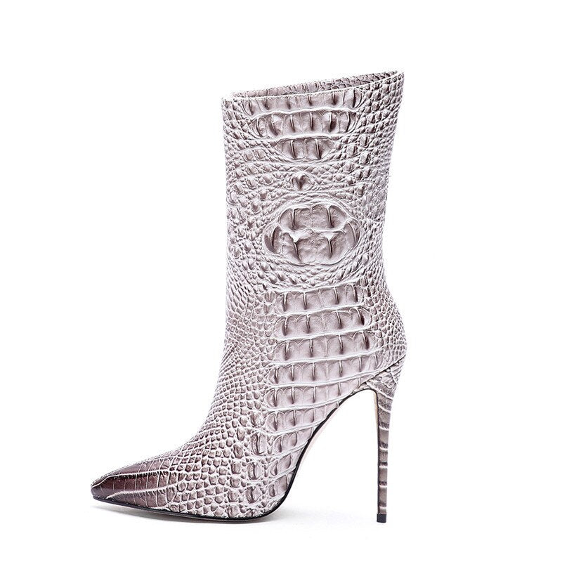 Crocodile High Heel Short Boots Large 34-45 Pointed Thin Heels and Ankle Boots Show Winter  Autumn Mid Tube Boots Women Shoes