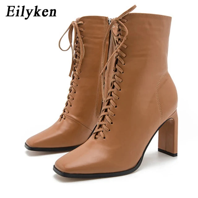 New Style Square Head Punk Women Ankle Boots Fashion Cross Strap Winter Autumn Zipper High Heels Shoes