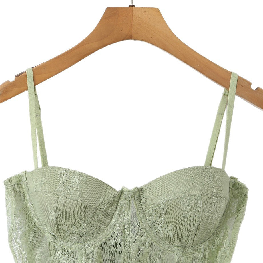 Green mesh fishbone corset tight waist bodysuit camisole top