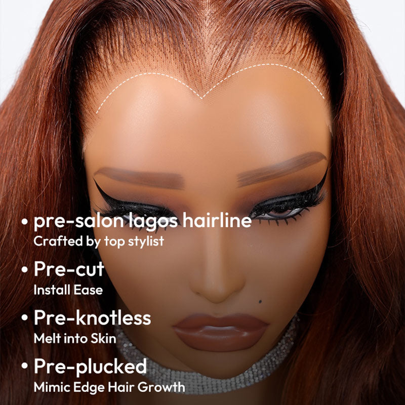 Lagos Hairline Body Wave Dark Burnt Orange Highlight Wig Human Hair Glueless 13x4 Lace Front Wig
