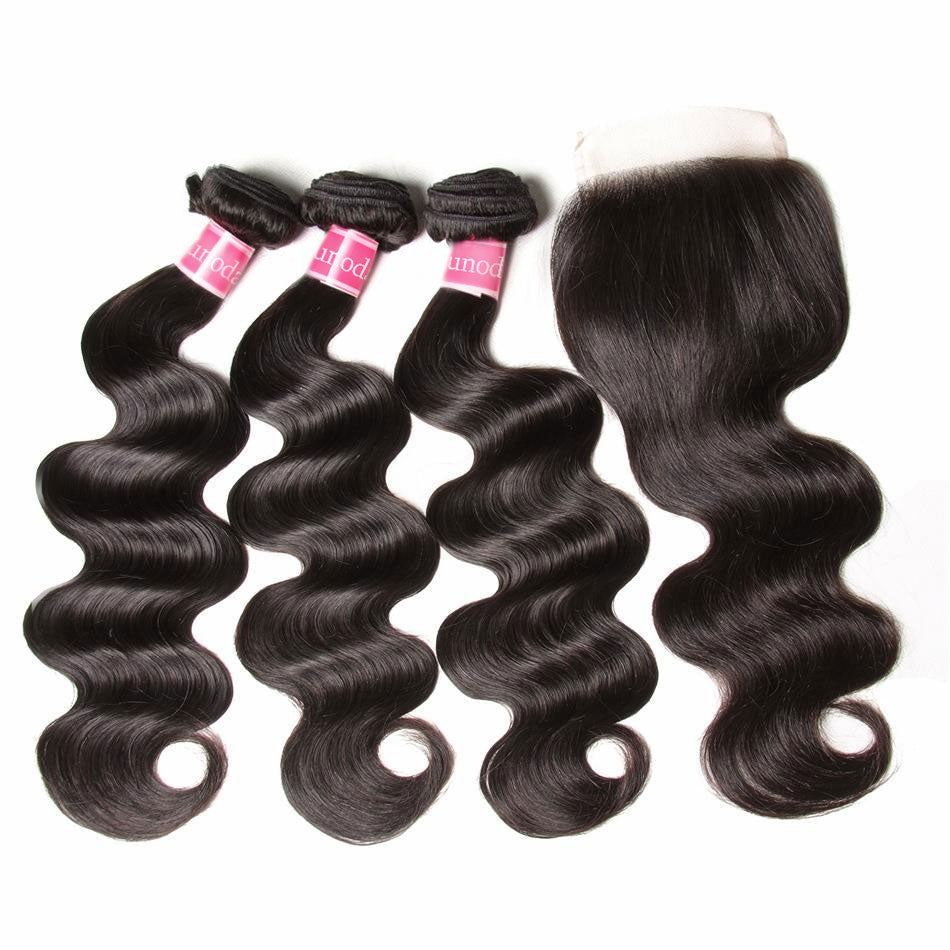 Junoda Hair Body Wave Bundles With 4x4 Lace Closure Peruvian Remy Human Hair Extension