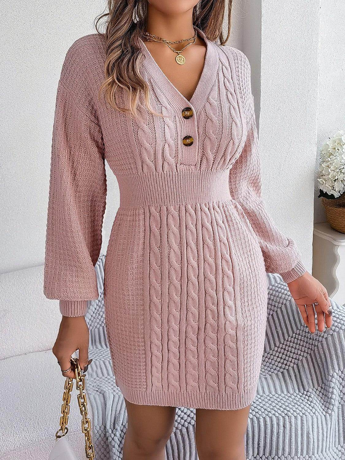 Buttoned Cable-Knit V-Neck Sweater Dress for Women