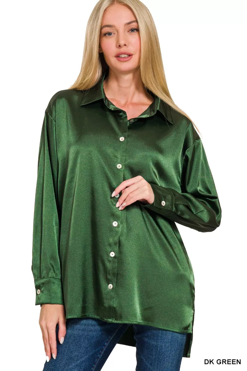 Zenana Satin Button Down Long Sleeve Shirt