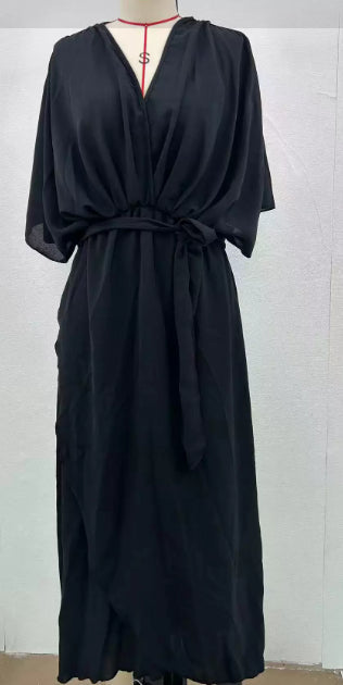Batwing Sleeve V-neck Dress Summer Pure Color Tied Irregular Long Dresses Womens Clothing