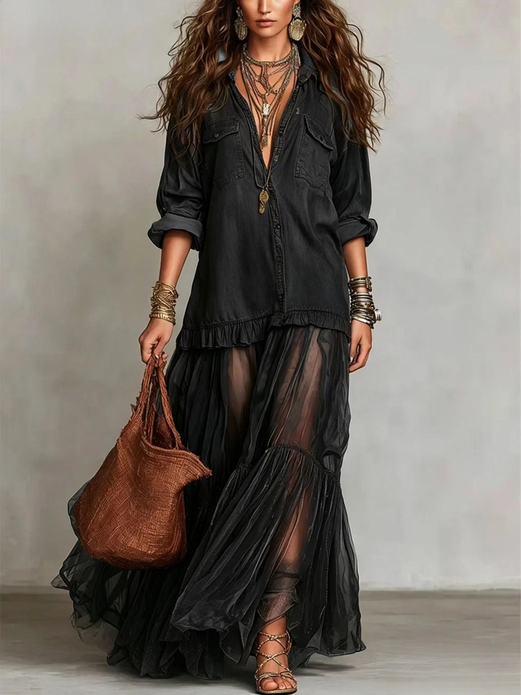 Women's Retro Lapel Collar Faux Denim Maxi Dress Casual Pocketed Dress