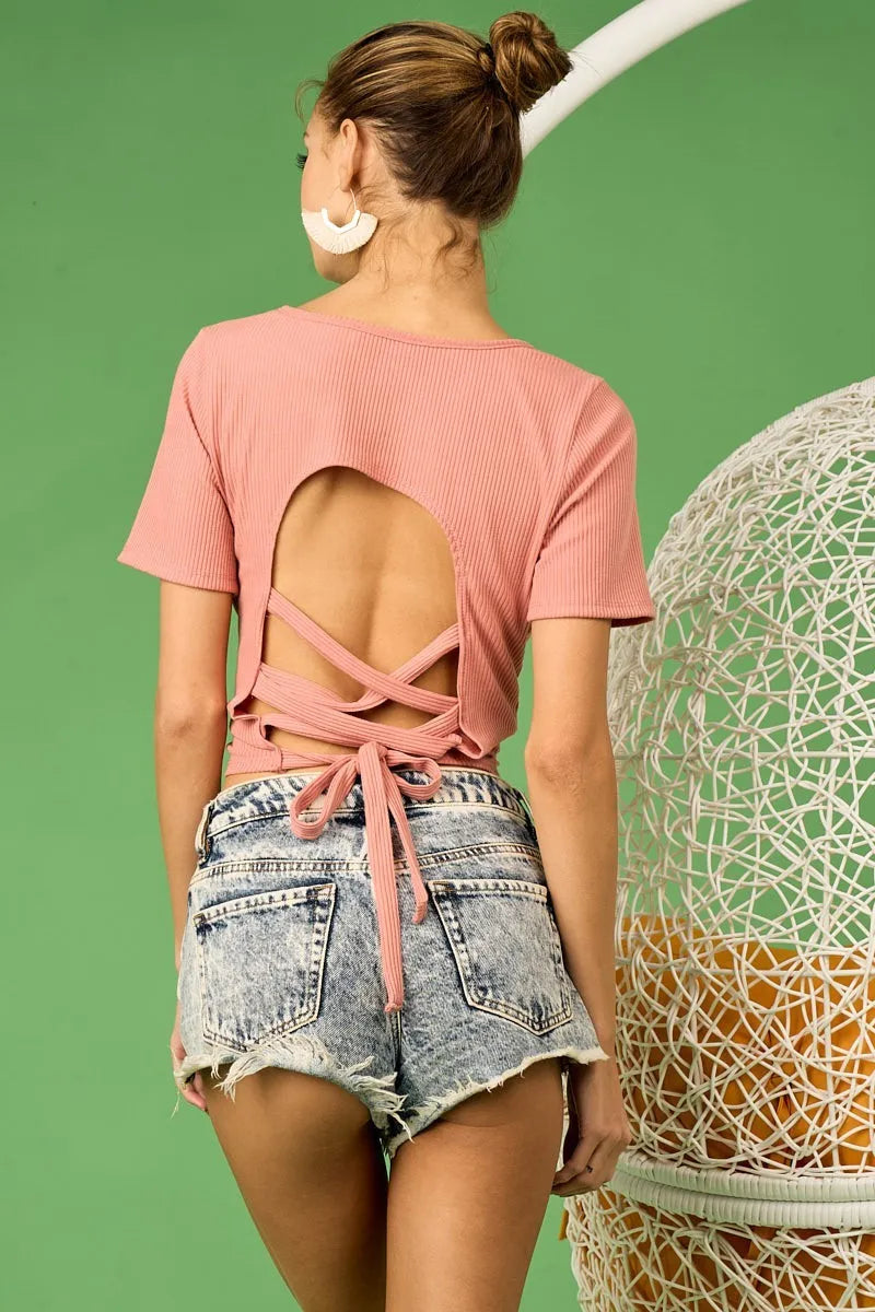 BiBi Rib Knit with Back Cross and Tied Detailed Top