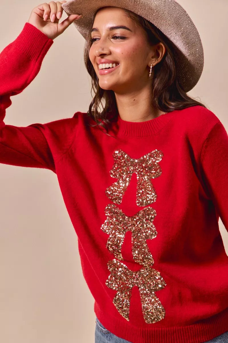 SO ME Sequins Bow Ribbon Embellished Christmas Sweater